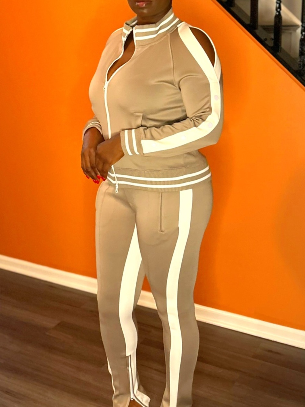Beige & White Cold-Shoulder Track Pants Set